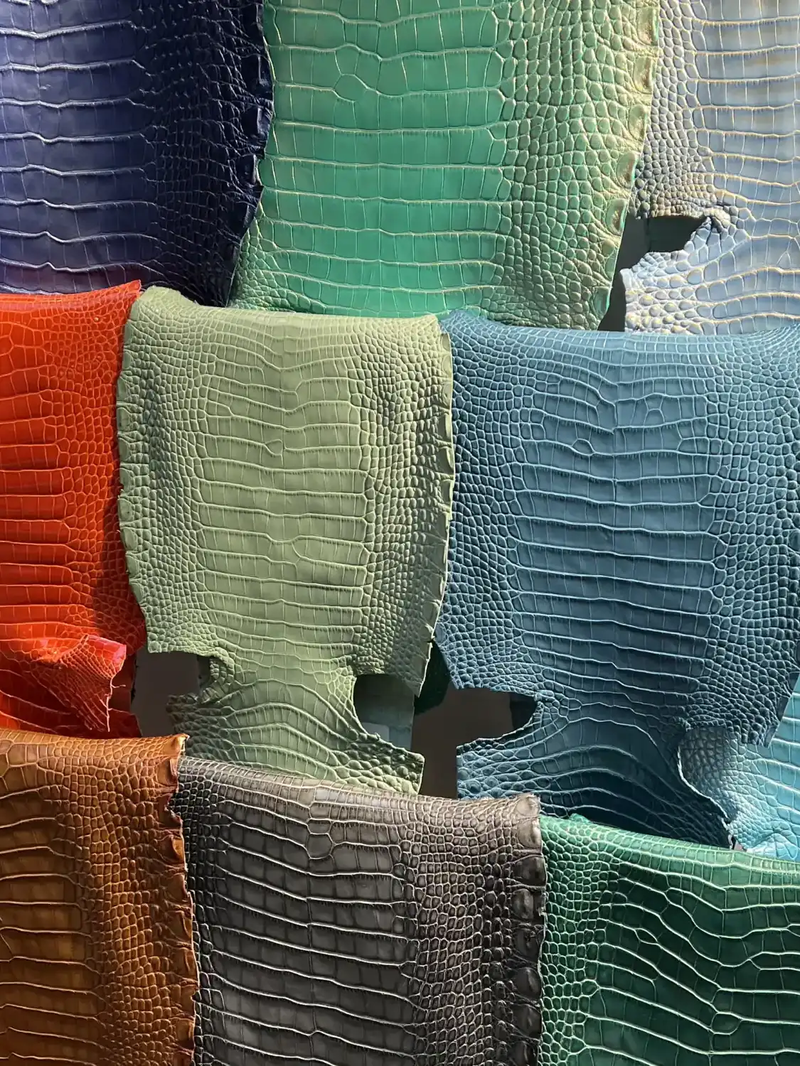 Farbmuster von Krokodilhäuten in Blau, Grün, Orange, Braun und Grau.