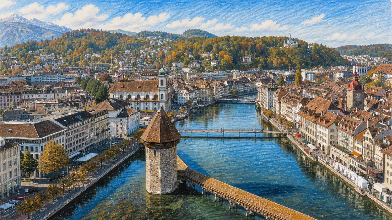 Luzern, der Fluss und die Holzbrücken von den Höhen aus gesehen