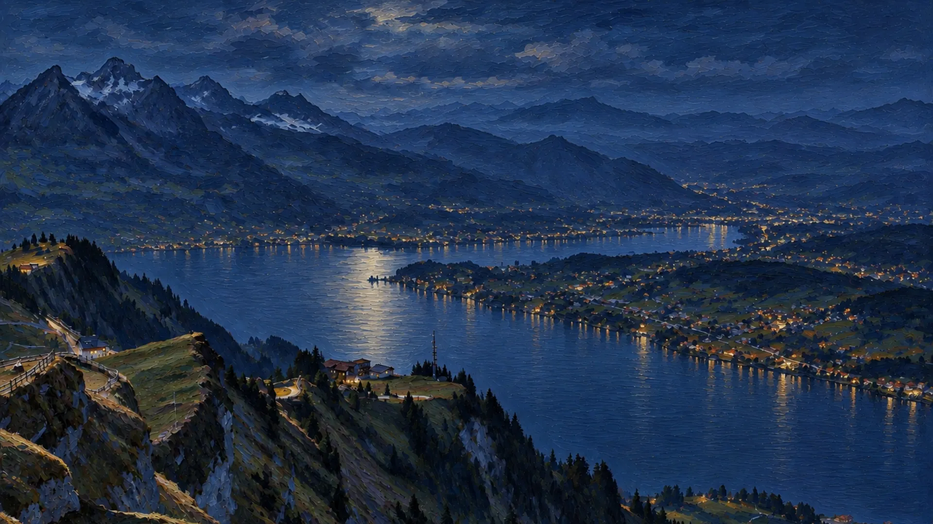 Le lac des Quatre-Cantons et Lucerne vus depuis le Rigi, de nuit