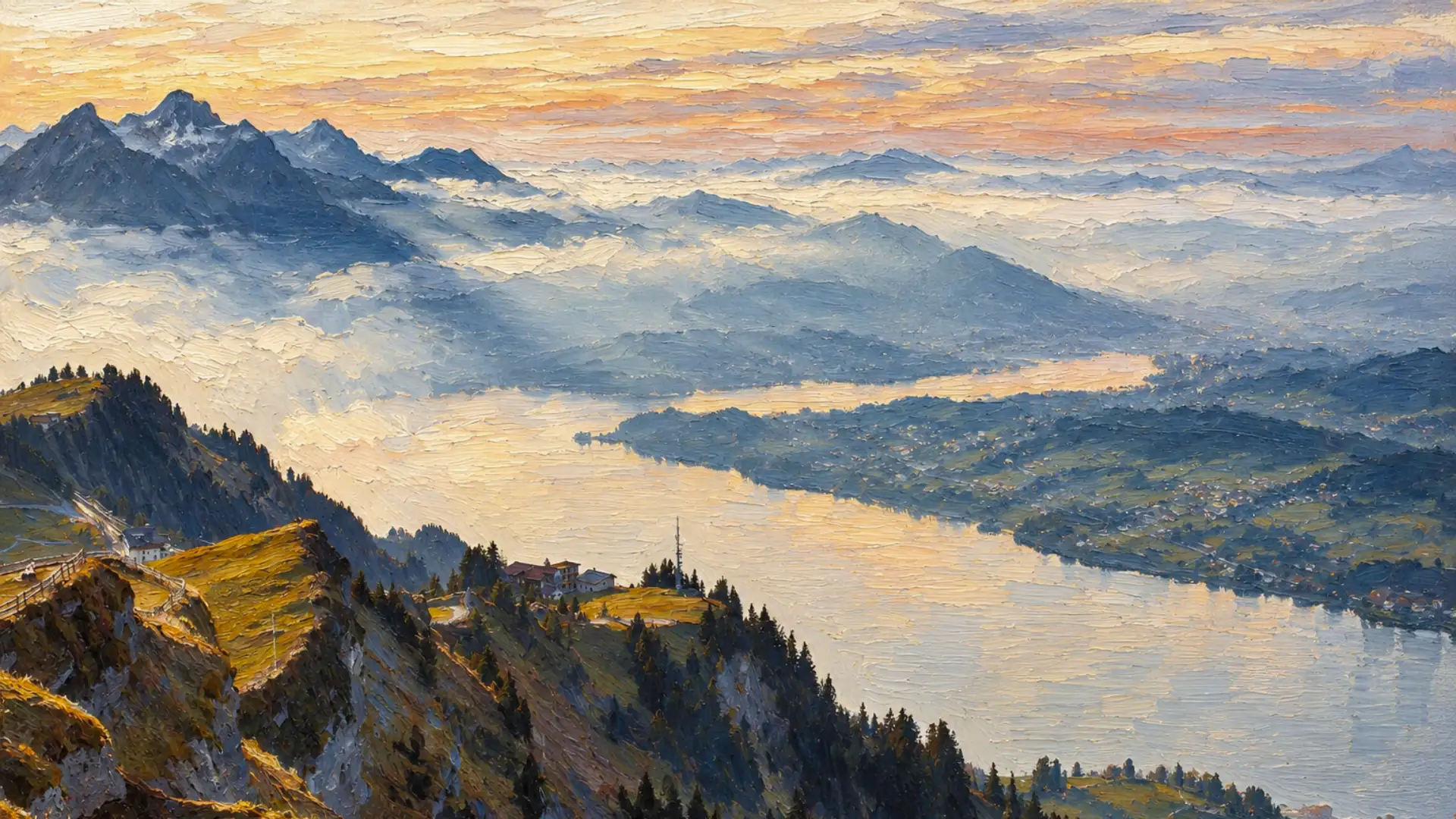 Le lac des Quatre-Cantons et Lucerne vus depuis le Rigi, au coucher du soleil
