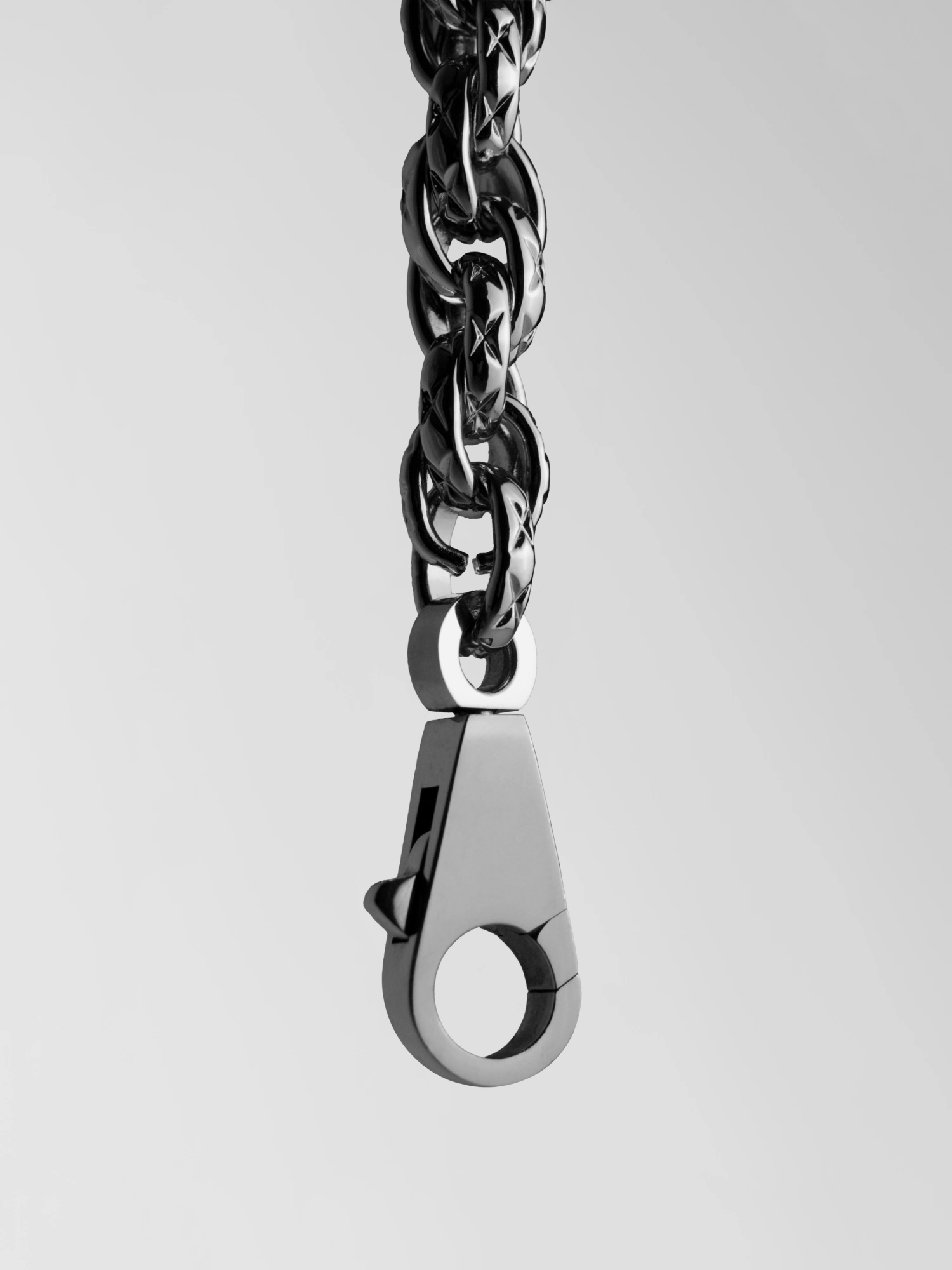 Chain strap clasp of the Éclat bag, silver hardware, close-up on the attachment point