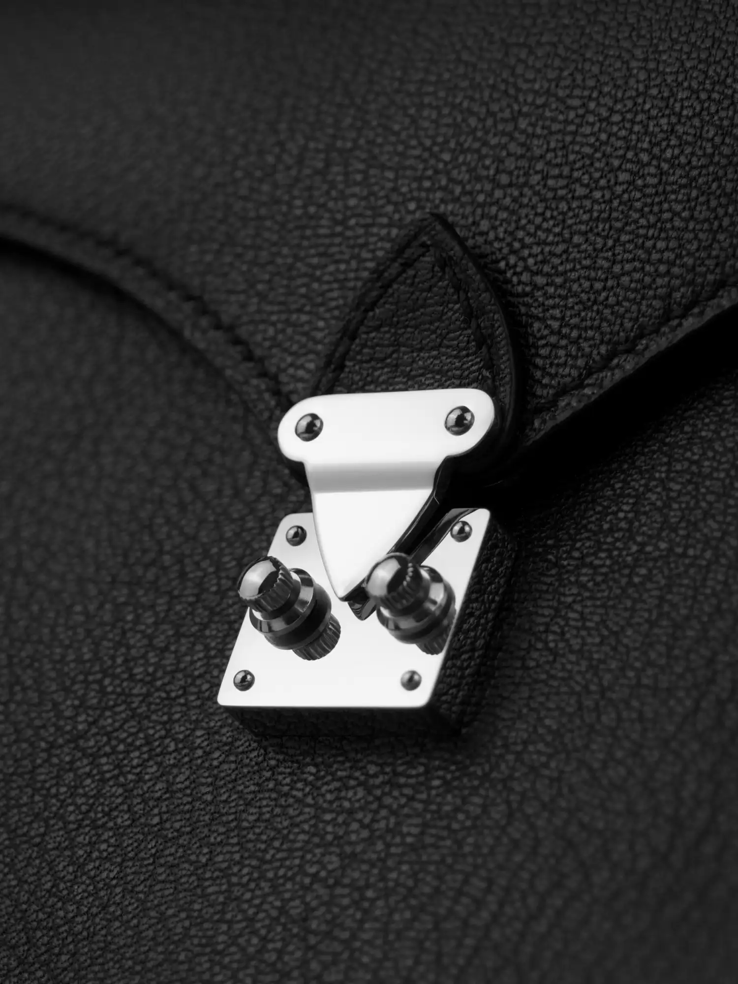Close-up macro of the polished stainless-steel riveted-plate clasp on the Éclat bag