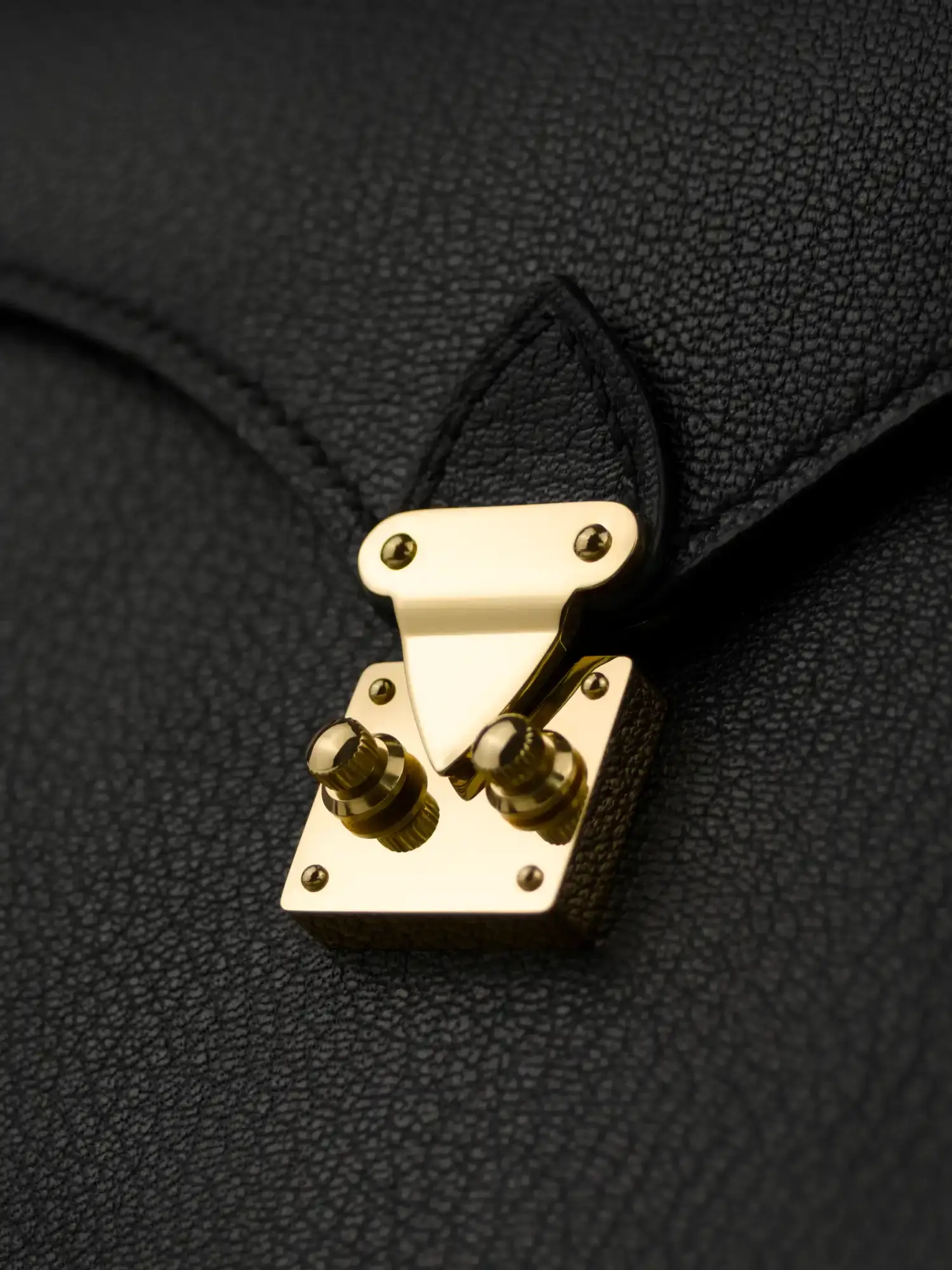Detail des goldfarbenen Verschlusses einer Éclat Tasche aus schwarzem Ziegenleder.